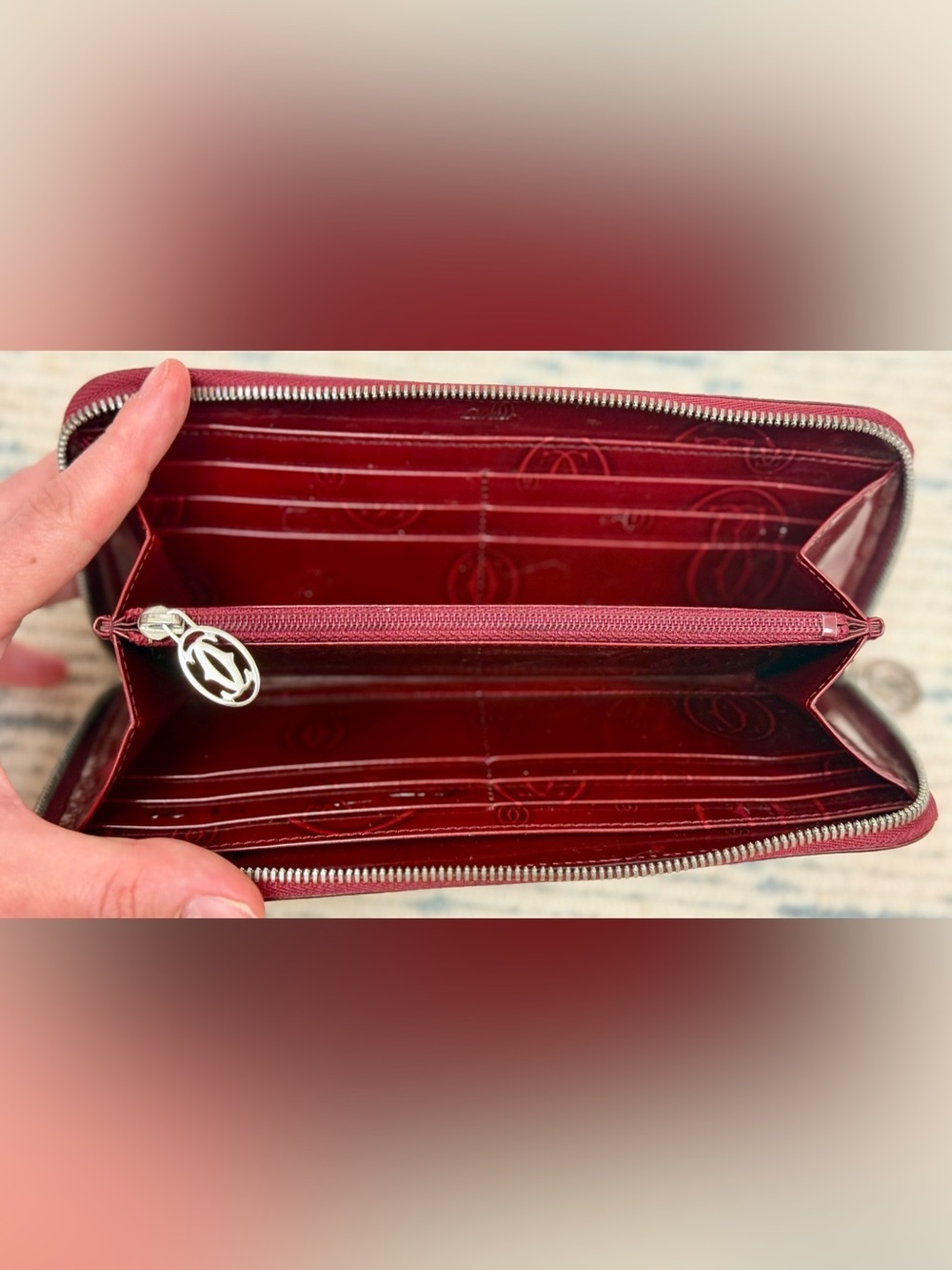 CARTIER Vintage “Happy Birthday” Red Patent Leather Monogram Zippy Long Wallet - Picture 12 of 16